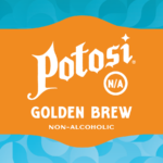 Potosi NA Golden Brew Non-Alcoholic Brew label on a blue and orange square, text in white.